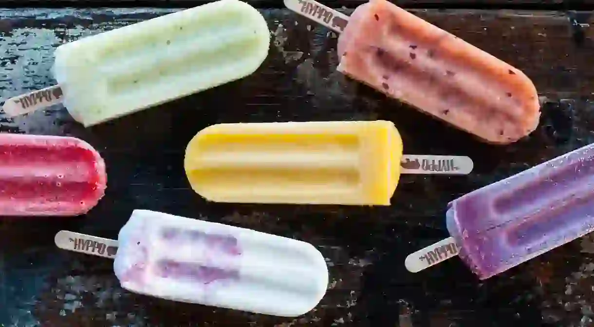 The brightly colored popsicles come in flavors like chocolate cheesecake and mango chia