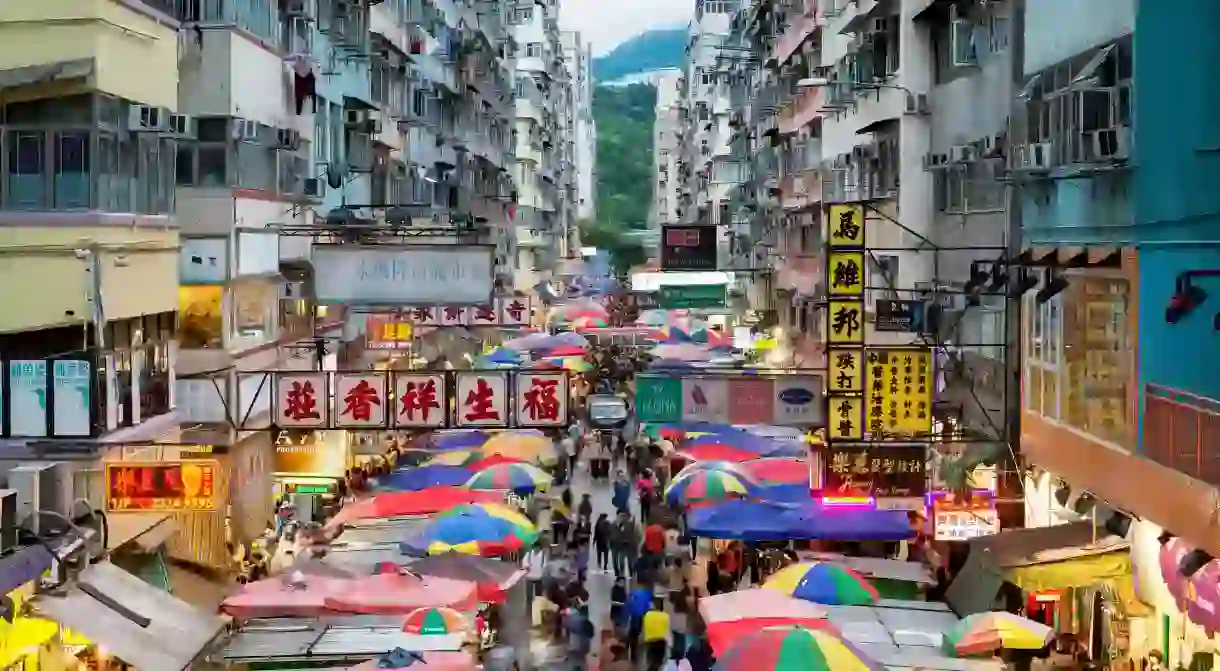 Fa Yuen Street in the Mong Kok area of Kowloon, Hong Kong, is filled with shops and markets