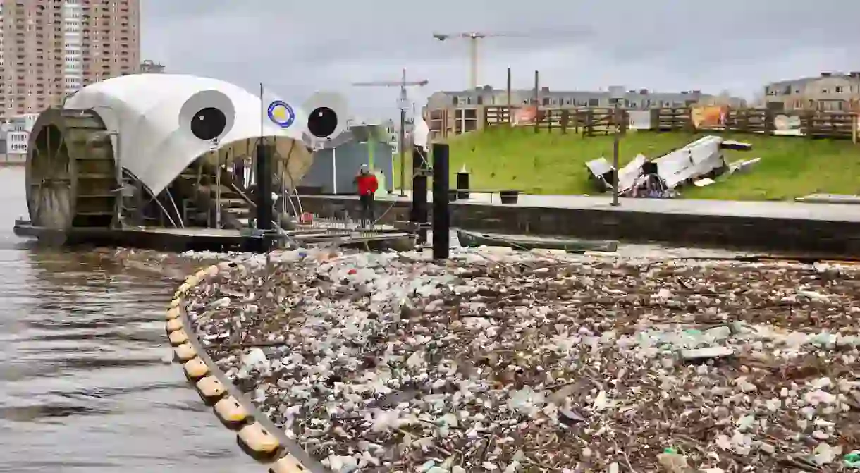 Mr Trash Wheel feasts on garbage in Baltimores Inner Harbor.