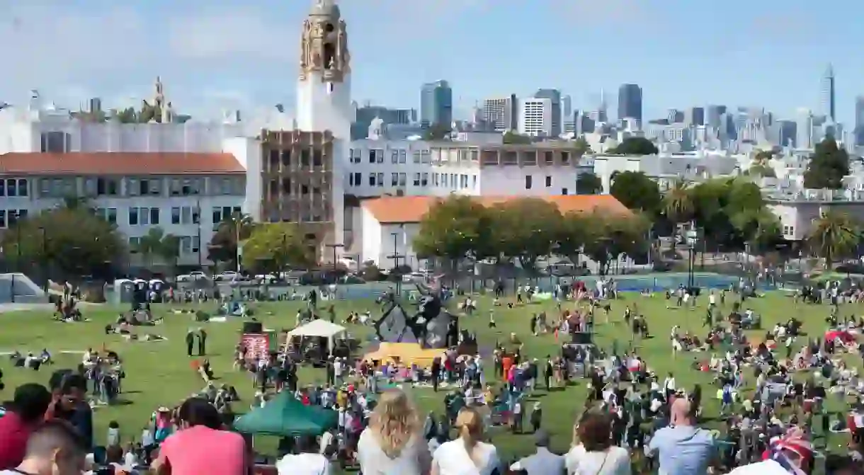 Mission Dolores Park panorama in San Francisco. SF is the most densely settled large city in California.