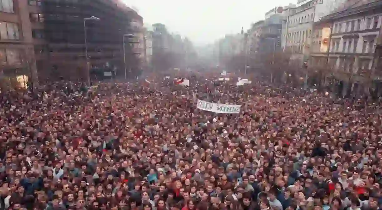 Approximately 200,000 people on Wenceslas Square protesting in Prague, Czechoslovakia, 1989