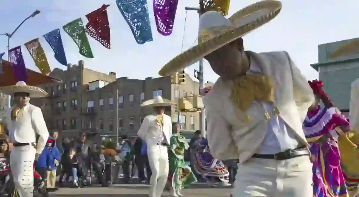 Mexican folkloric dancers at First Annual Day of the Dead Celebration in the Kensington section of Brooklyn, New York