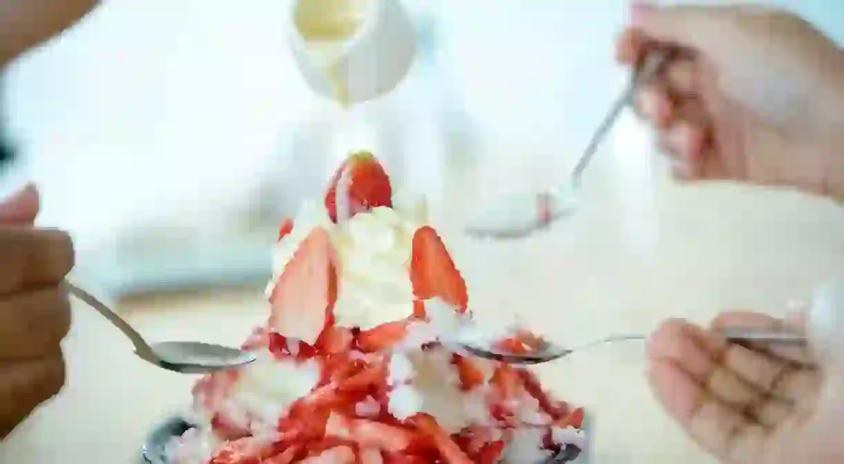 Strawberry bingsu: Korean shaved ice dessert with sweet toppings