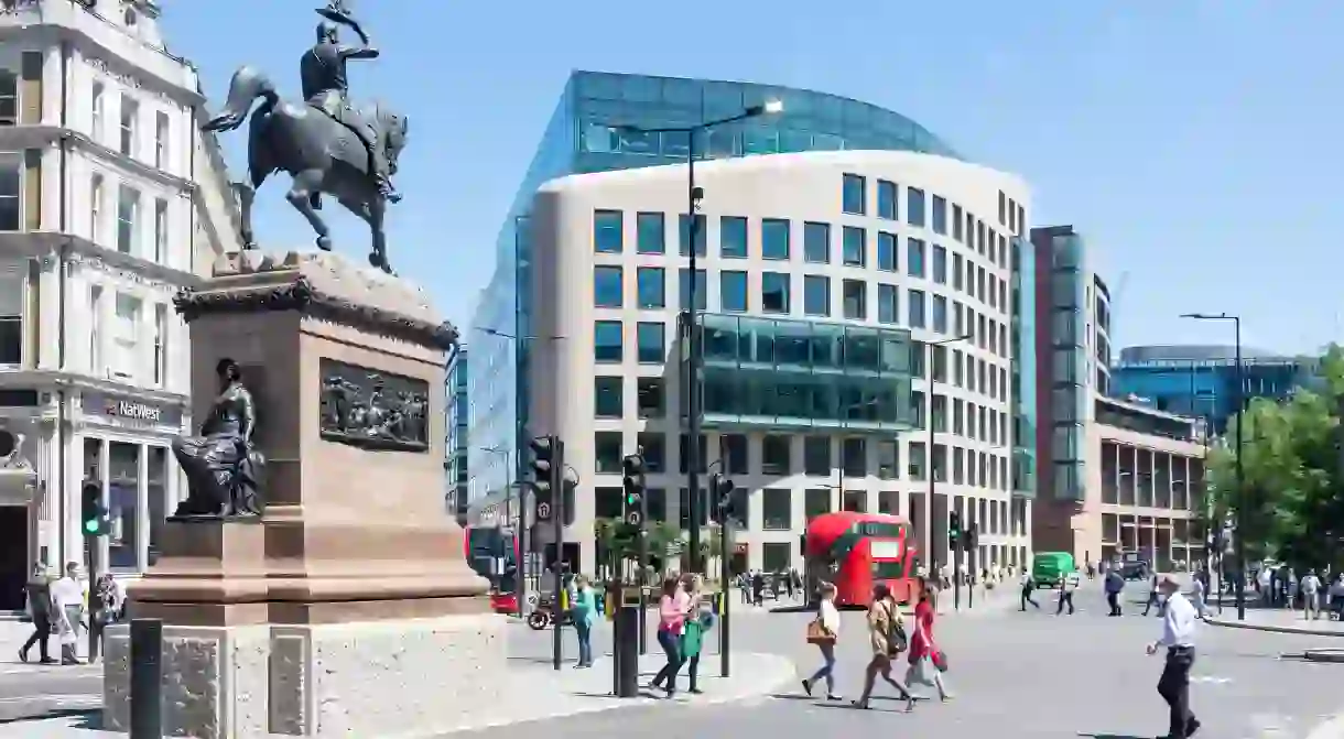 An equestrian statue of Prince Albert presides over Holborn Circus