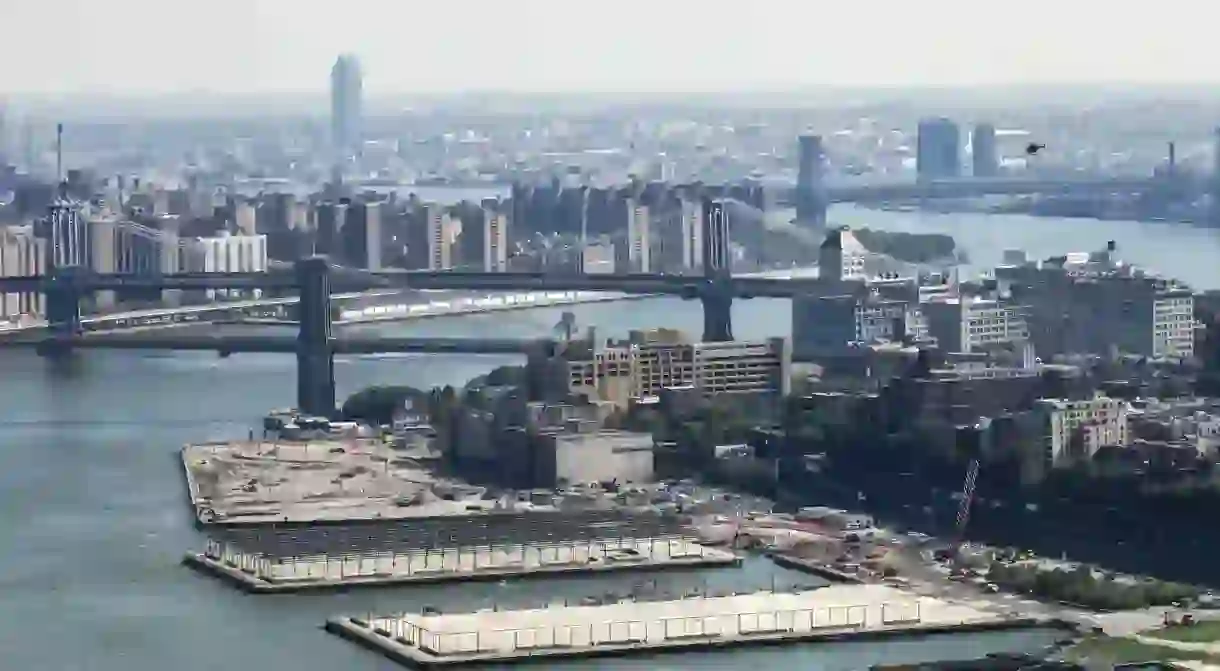 Aerial view of Brooklyn Heights, Brooklyn and Manhattan Bridge on East River, New York City, USA.