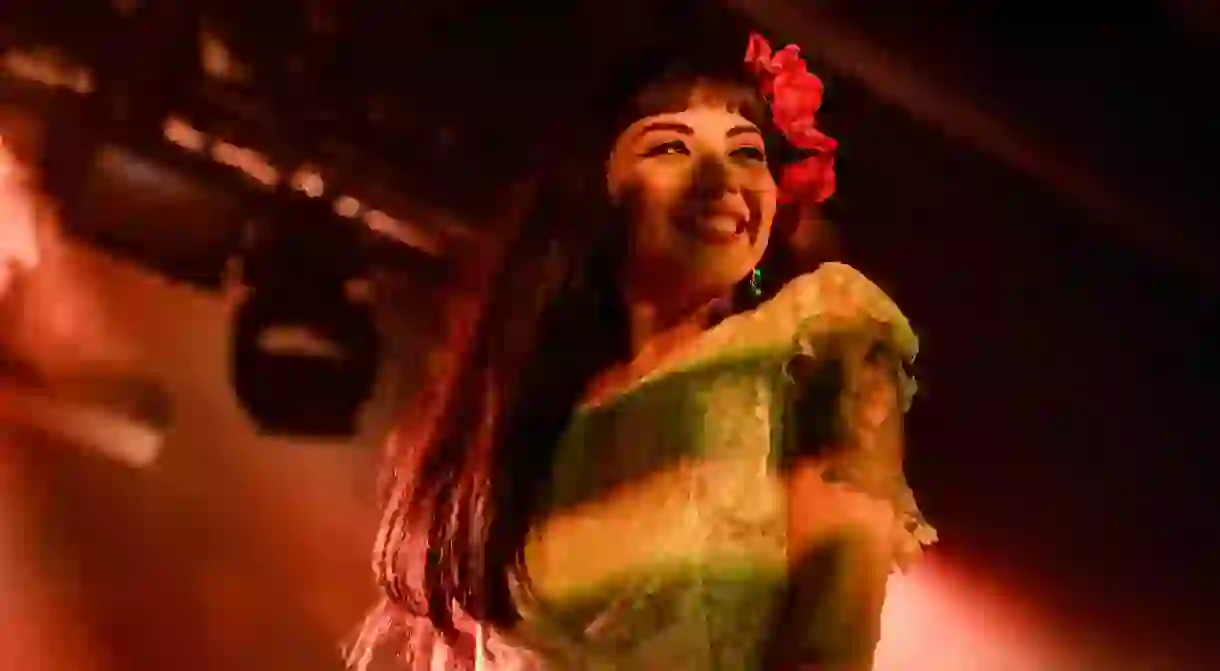 Mon Laferte smiles during a concert in 2016 in Las Vegas