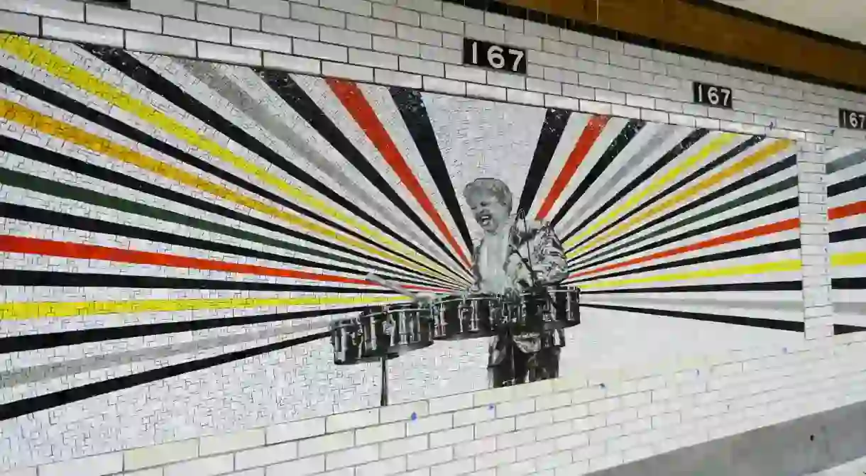 No one in the subway system is having as much fun as Tito Puente. Artwork copyright Rico Gatson