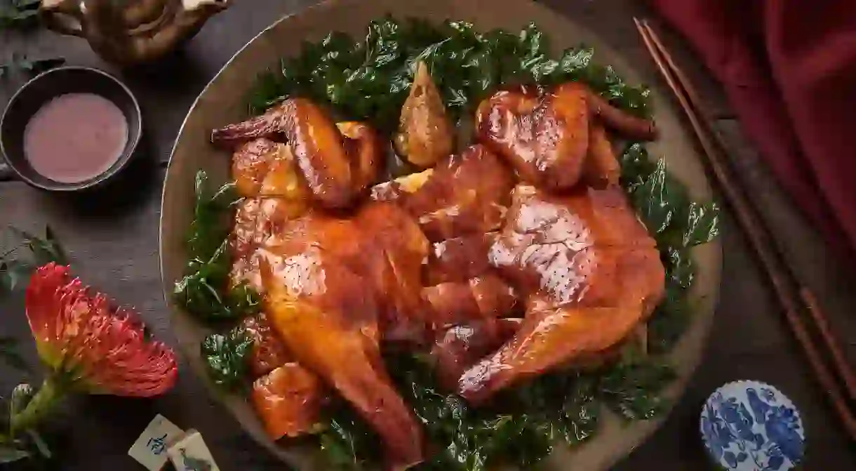 The crispy roasted chicken with fermented red beancurd sauce is one must-try dish at Duddells