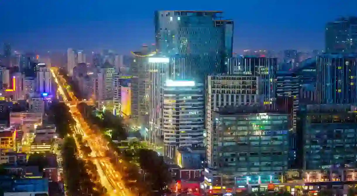 Downtown cityscape at night in Chaoyang District, Beijing, China