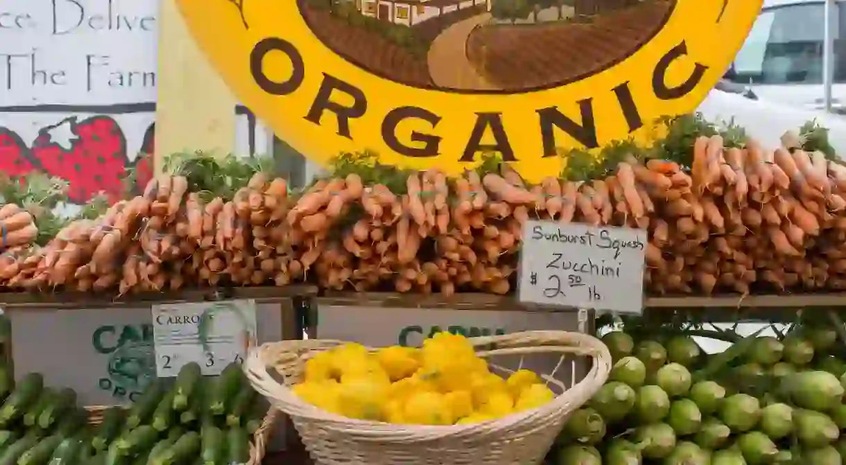 Organic produce is on display at the farmers’ market at the Ferry Building in San Francisco