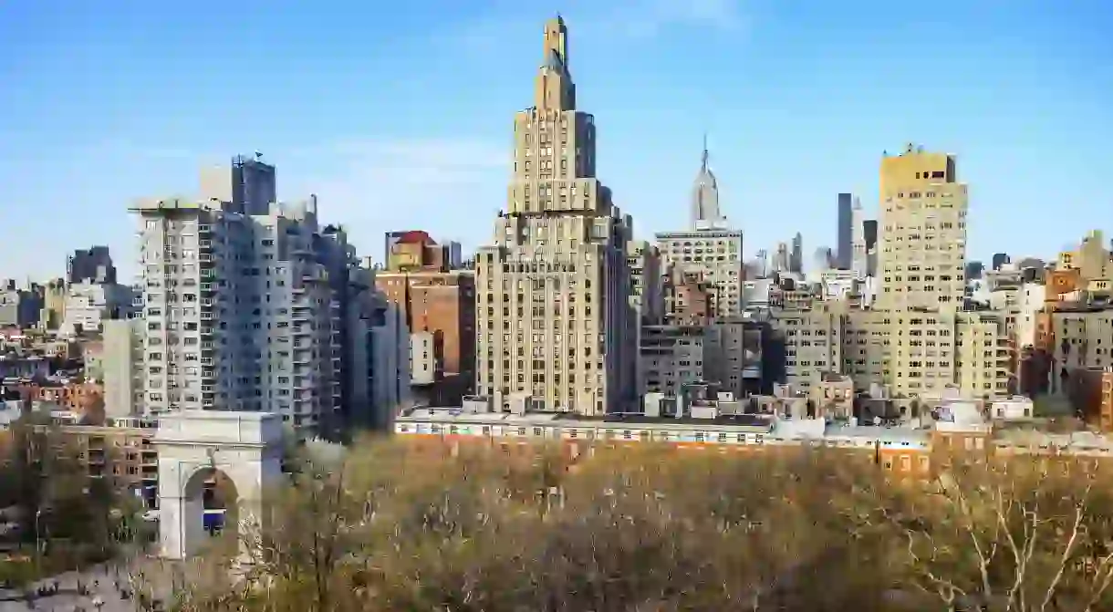 The sun shines down on Washington Square Park and Greenwich Village New York City