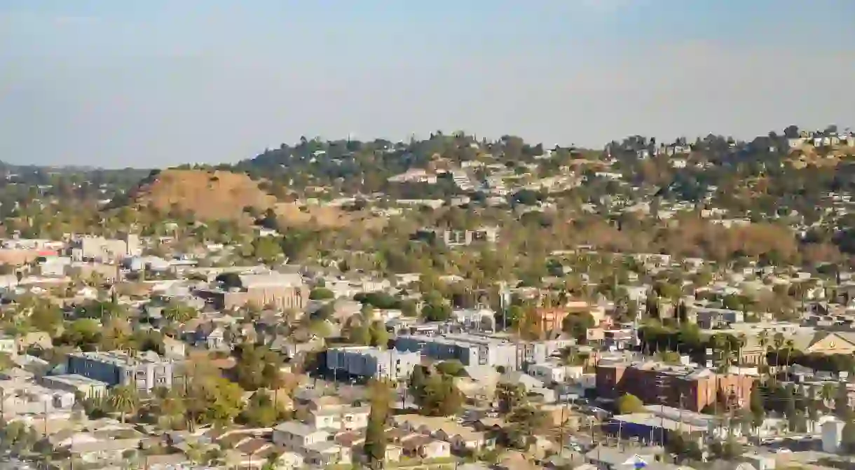 Aerial view of the cityscape of Highland Park, Los Angeles, California, USA.