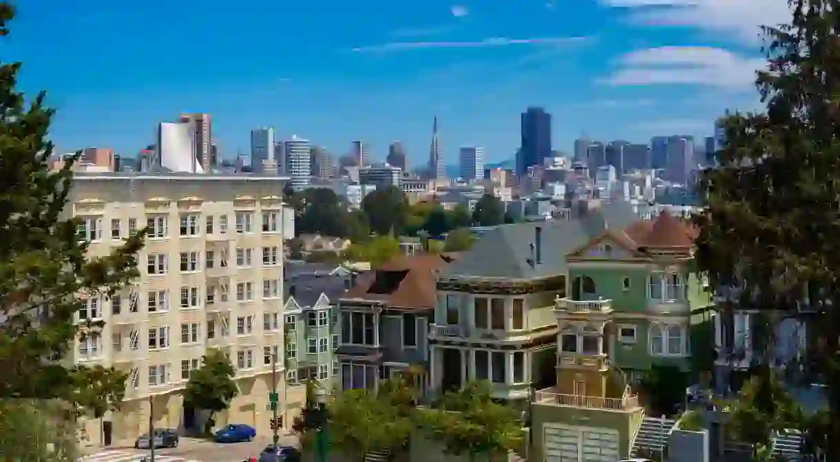 The painted Ladies in Steiner Street facing Alamo Square, San Francisco.