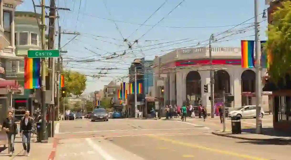 Castro District Rainbow Crosswalk Intersection, San Francisco, California, USA.