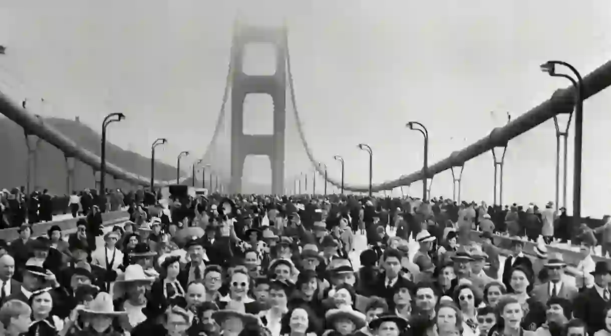 Thousands hike across the Golden Gate Bridge at its opening on May 27 1937