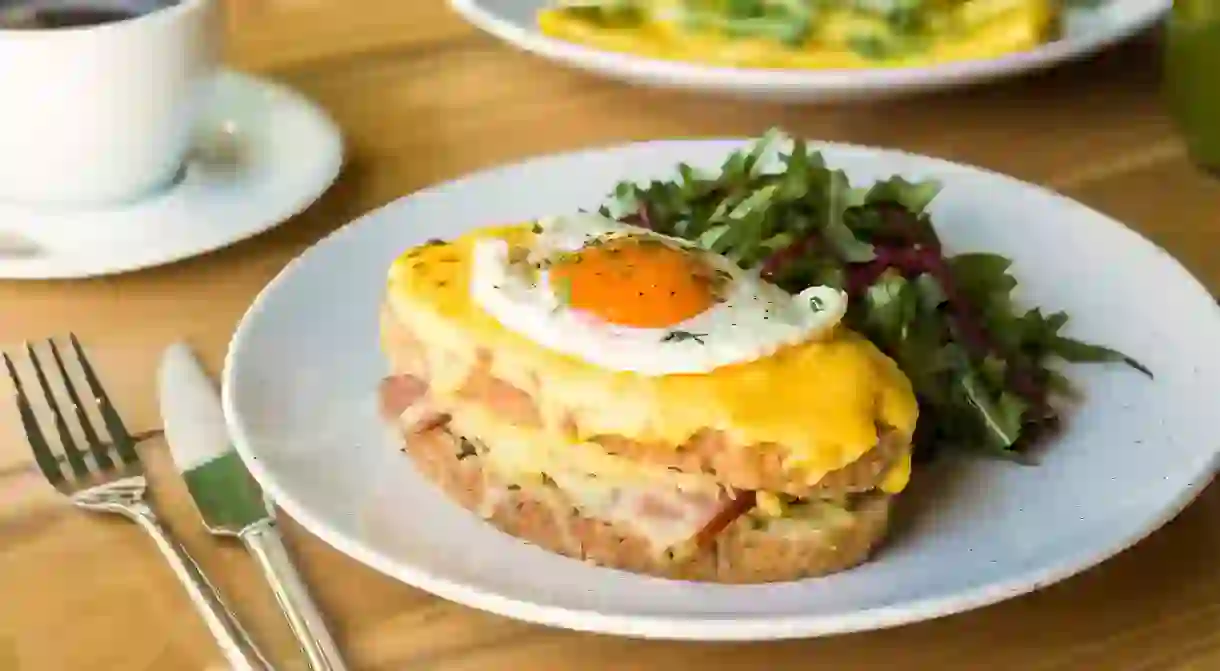 A hearty croque madame grilled sandwich at Tribe Restaurant in Beijing