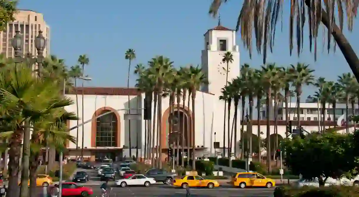 Traffic surrounds the Union Station in Downtown Los Angeles