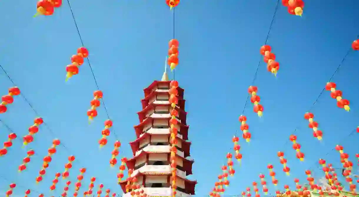 Chinese pagoda and lanterns during Chinese new year