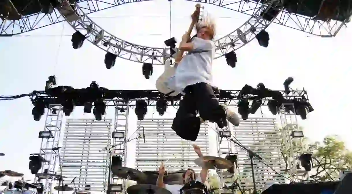 Joe Sumner (Stings son) of Fiction Plane caught in a mid air jump while performing at The Backyard in Austin, Texas, USA.