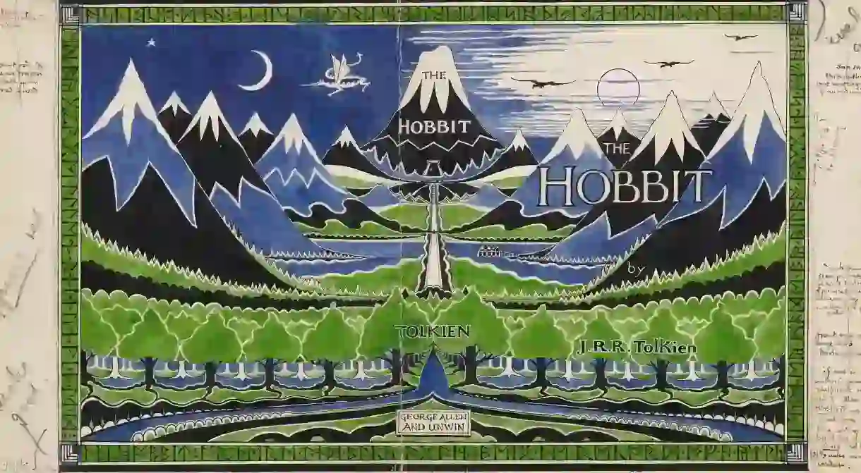 Tolkien’s 1937 design for the dust jacket of ‘The Hobbit.’ Note the publisher’s instruction in the left-hand column to ignore the use of red, which Tolkien had hoped to incorporate in the design