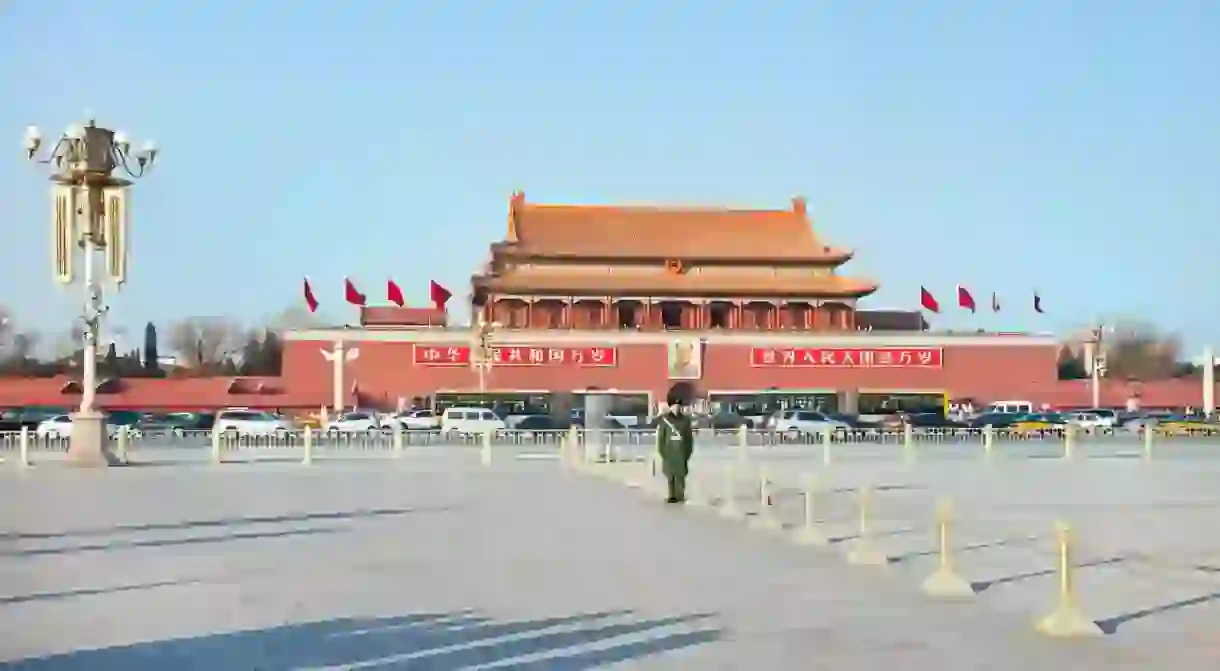 An honour guard stands outside the Palace Museum, China