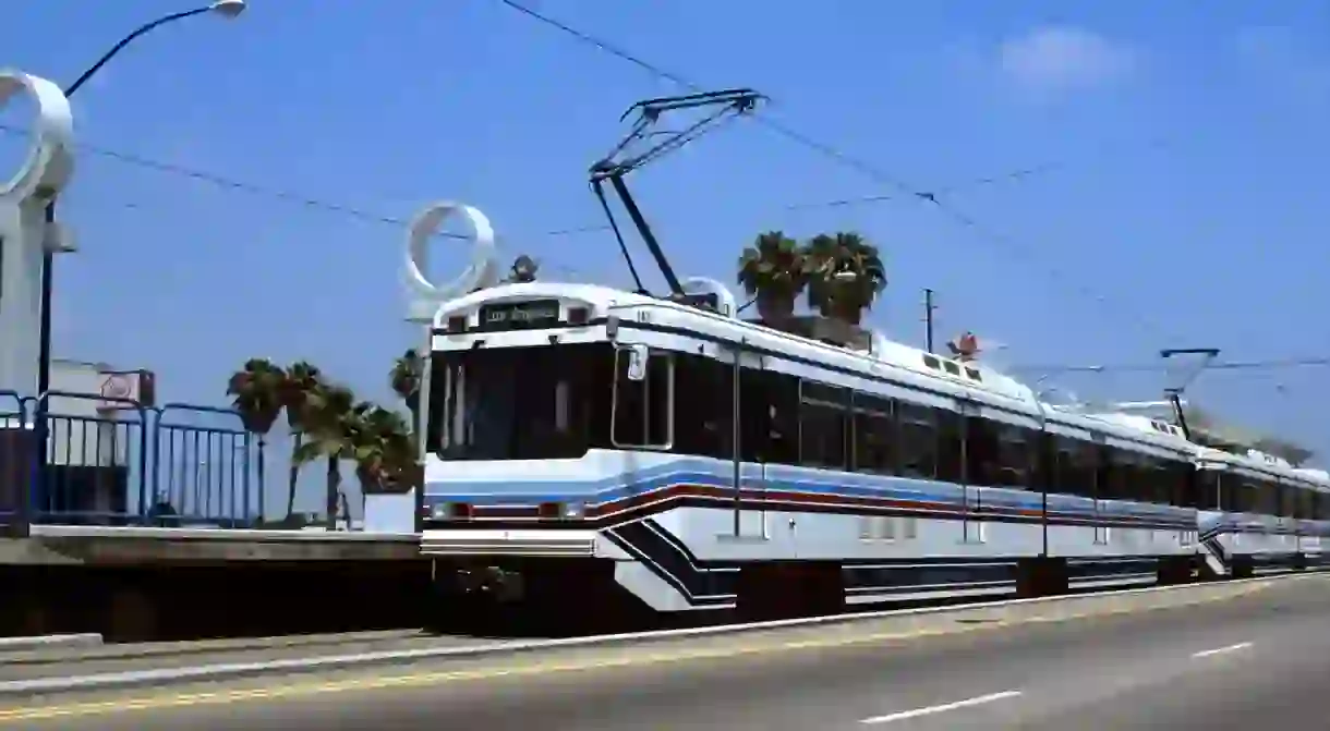 The Metro Rail transports passengers in Long Beach, CA