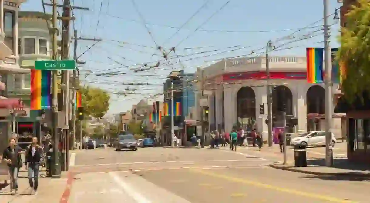 The Castros rainbow crosswalk intersection, San Francisco, California, USA