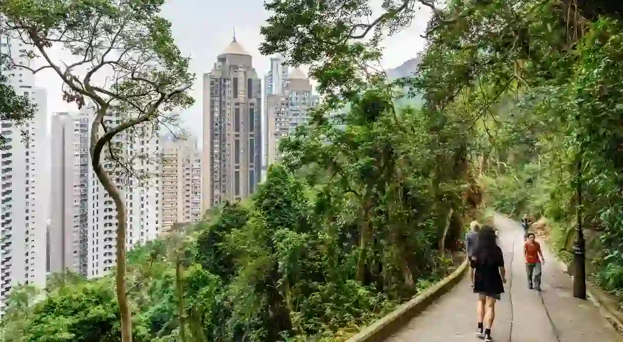 People take a stroll on Old Peak Road, a walking path between the Mid-Levels and Victoria Peak in Hong Kong