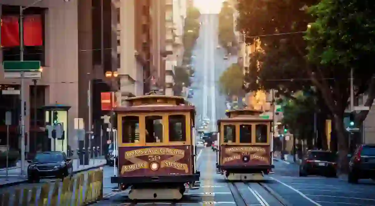 Classic view of historic traditional cable cars in San Francisco, California, USA