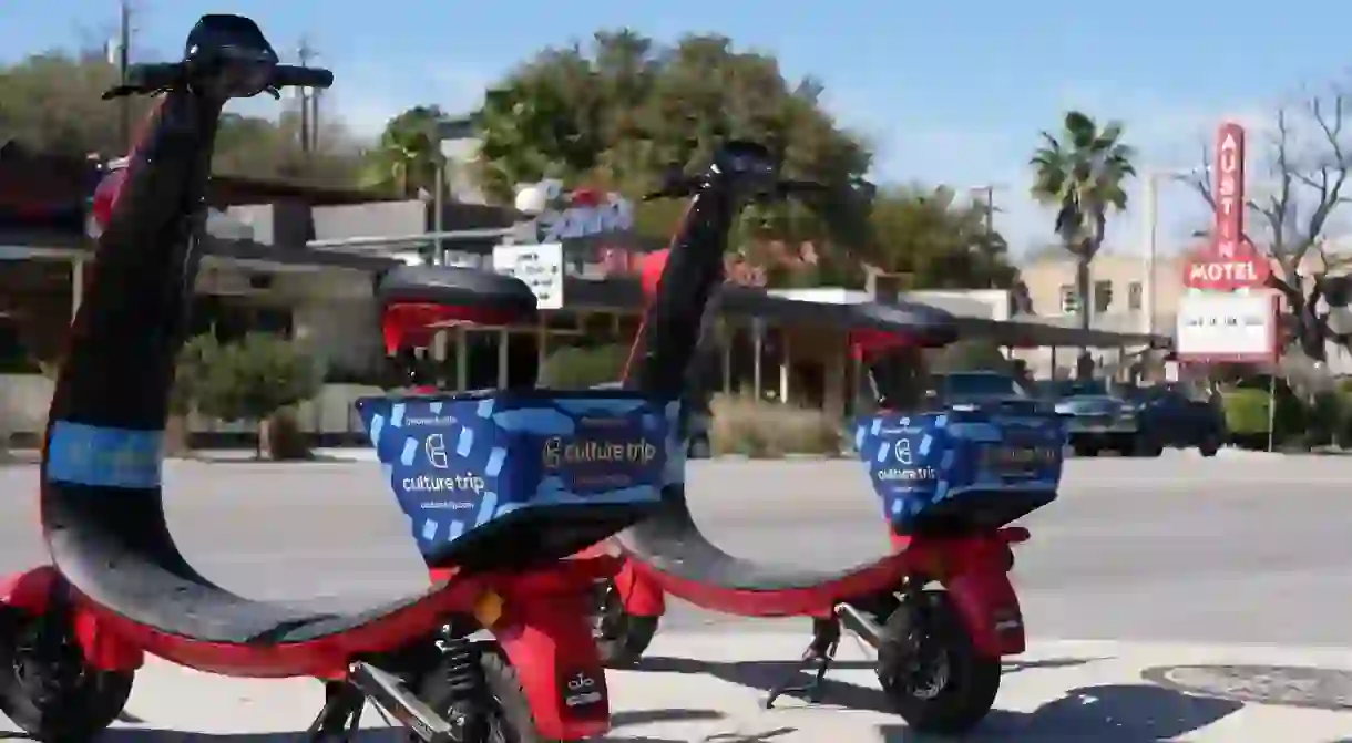 Culture Trip scooters spotted during the week leading up to SxSW 2019 in Austin, Texas, USA.