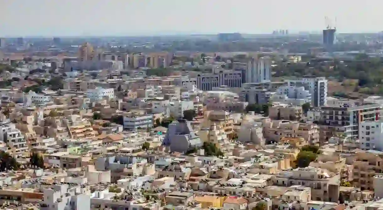 Aerial view of south Tel Aviv neighbourhoods with a combination of new and old construction.