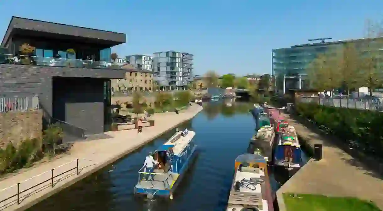 Narrowboat passing through the Regents Canal area in Kings Cross, London.