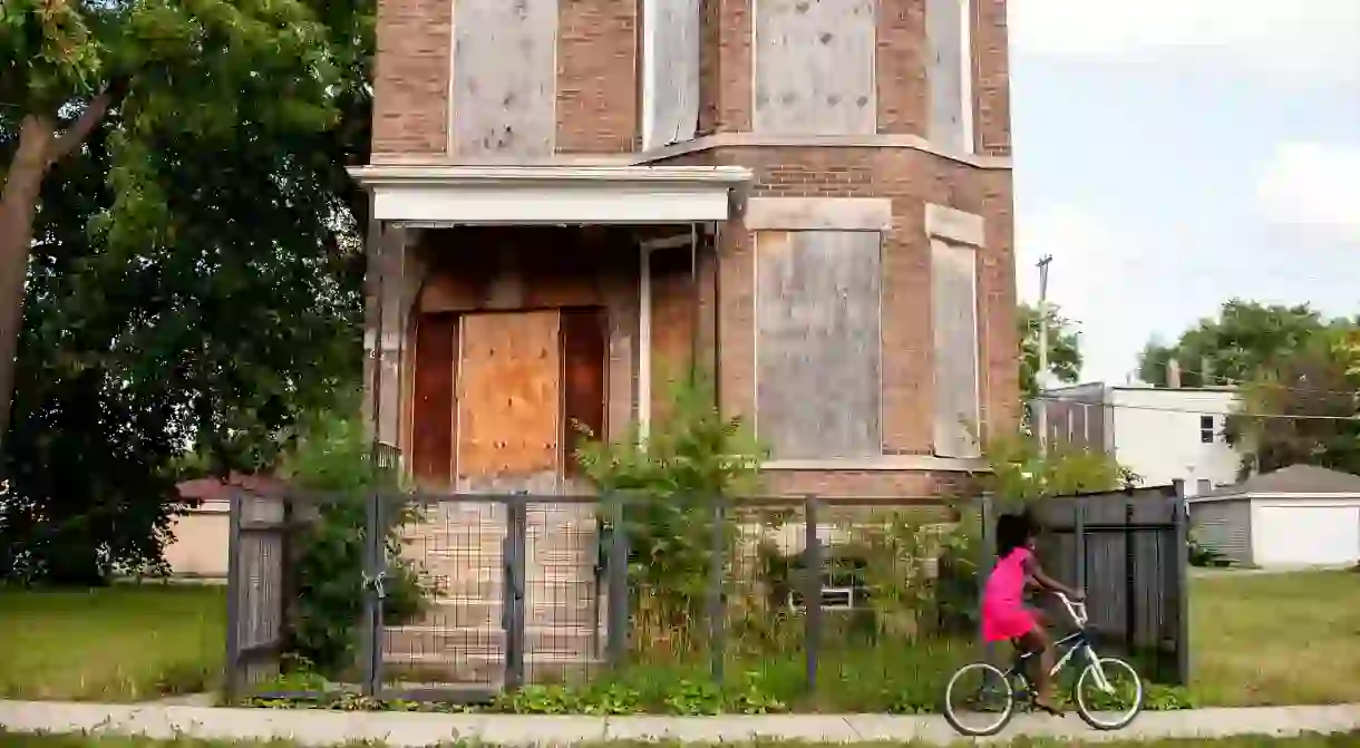 A boarded-up building at 6330 S Paulina