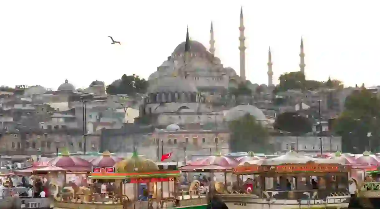 From the waterfront at Eminonu, you can see the Rustem Pasha mosque on the skyline