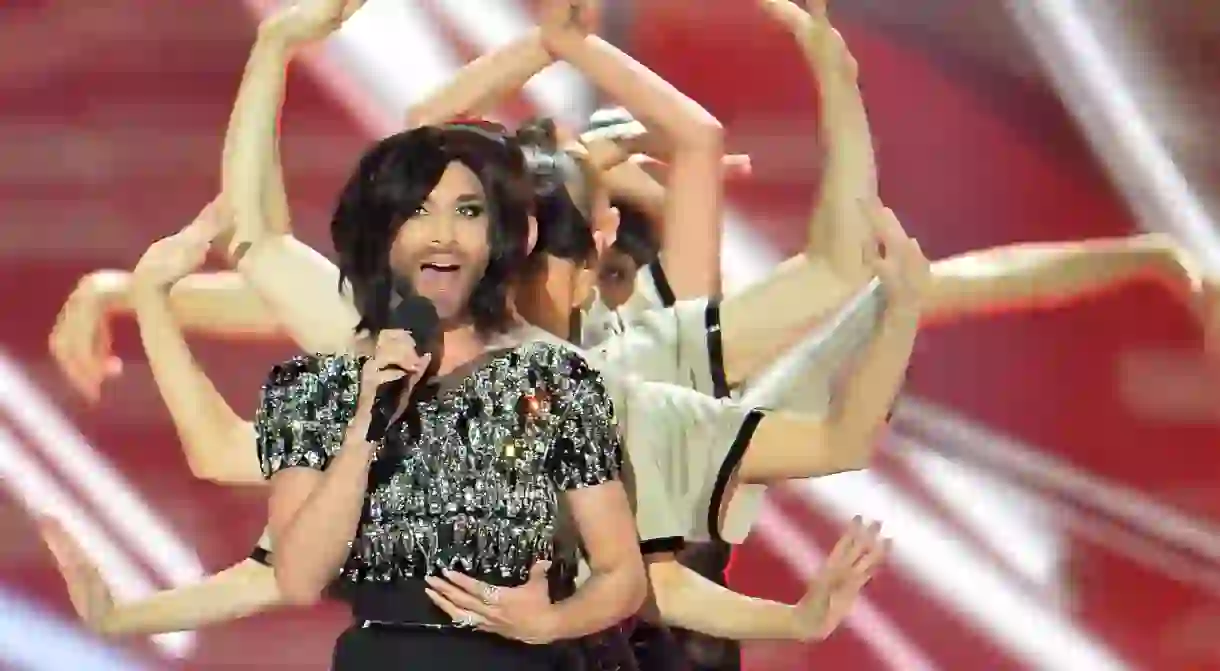 Conchita Wurst, who won the 2014 ESC for Austria, performs during a break in the final of the 2015 contest in Vienna