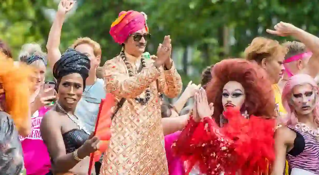 Prince Manvendra Singh Gohil during the Canal Parade through the Canals of Amsterdam, during the Gay Pride