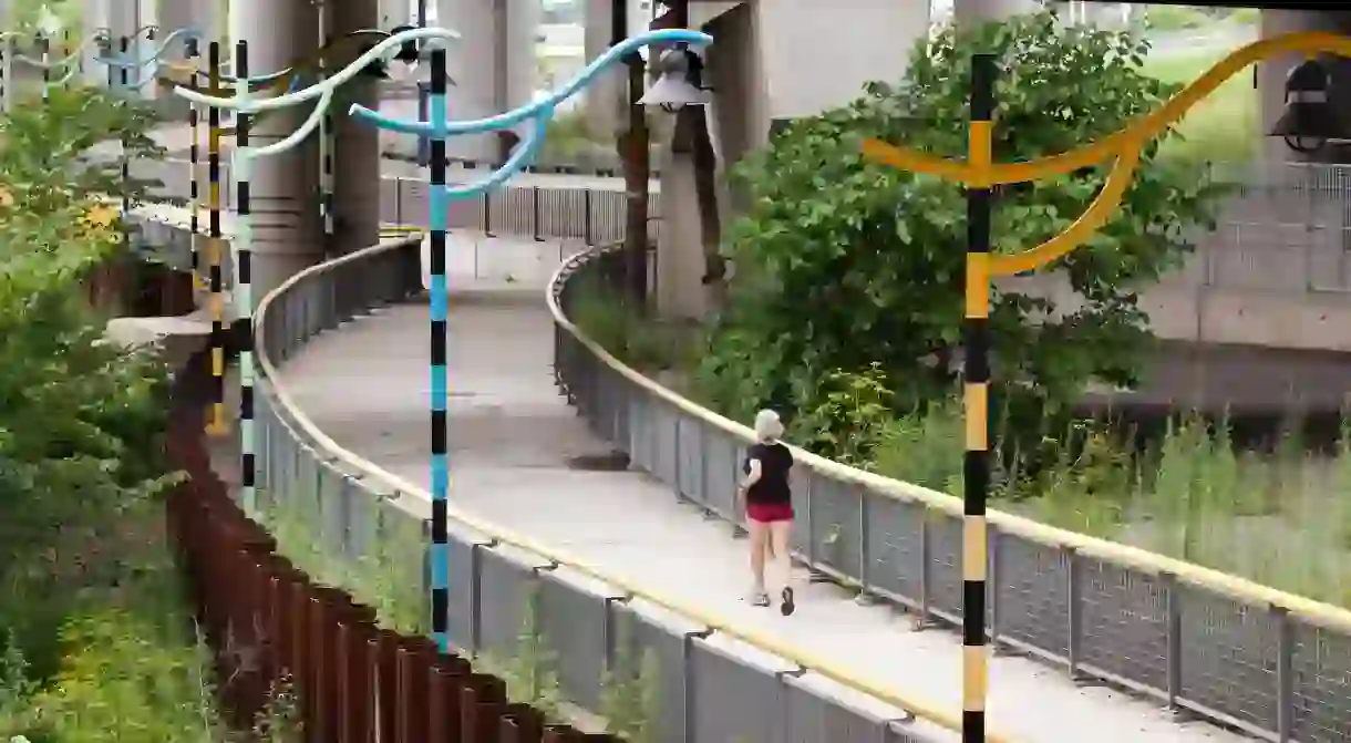 A jogger near the Charlestown Bridge, Boston