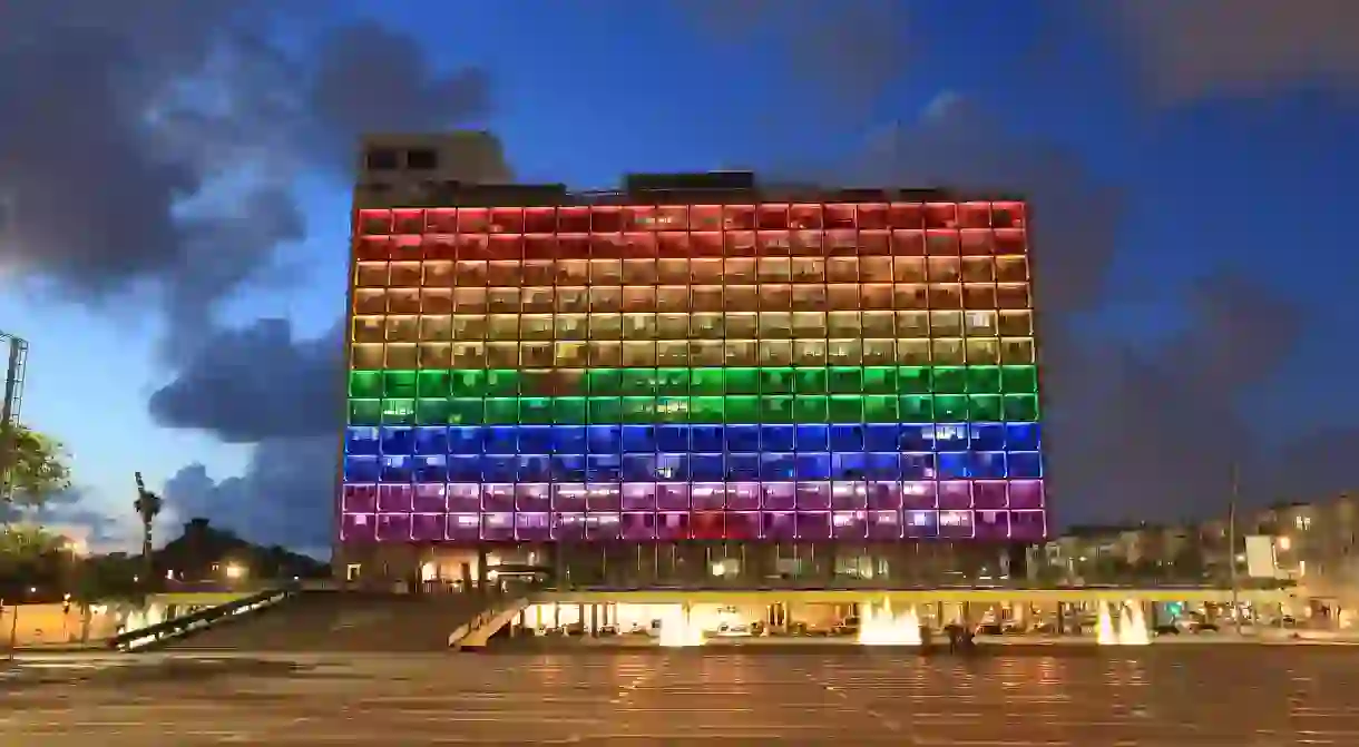 Tel Aviv City Hall is decked out in rainbow stripes during Pride