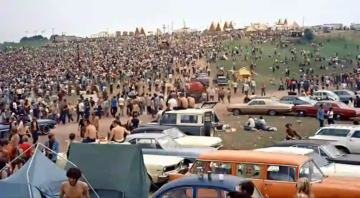 Crowds gather in Bethel, New York, for the original Woodstock Festival in 1969