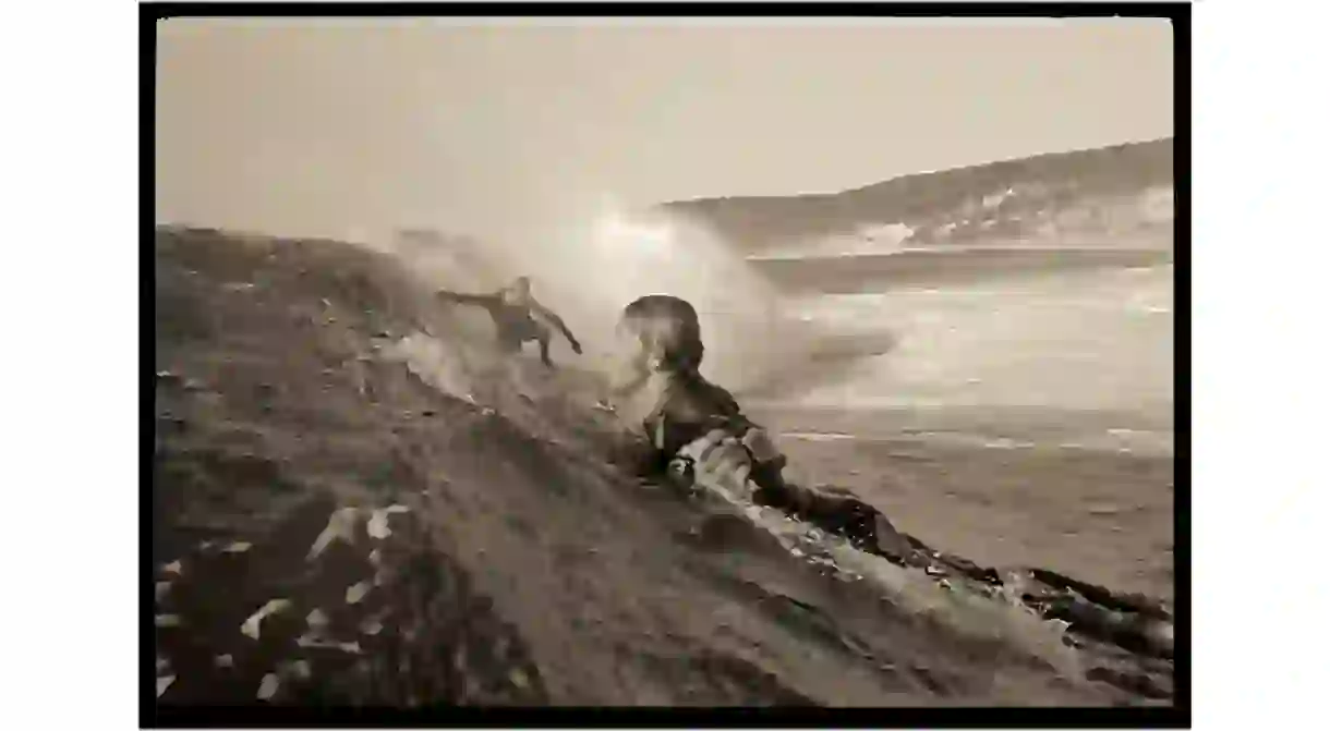 Nigel Coates and Murray Smith surf at Smiths Beach, in Western Australia, in 1972