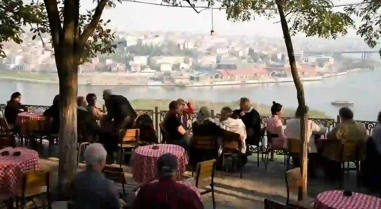 Al fresco cafe overlooking Istanbul and the Bosphorous Strait from the Golden Horn, Istanbul