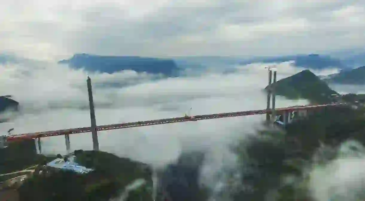 An aerial view of Beipanjiang Bridge, which opened in 2016