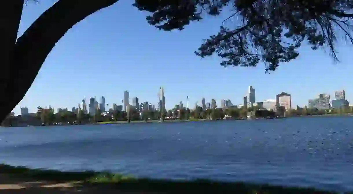 St Kilda’s Albert Park Lake offers walkers an unparalleled view of the city skyline