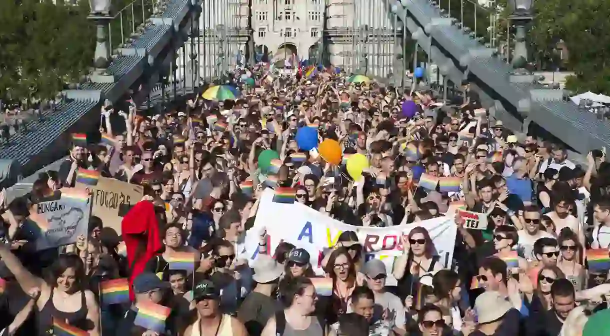 The Budapest Pride Parade crosses the famous Széchenyi Chain Bridge