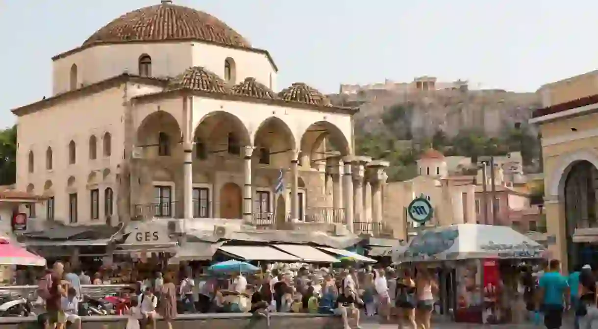 Grab some souvlaki in buzzing Monastiraki Square in central Athens