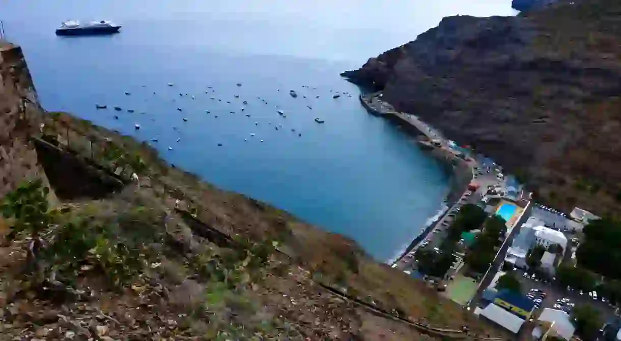 View down to Jamestown, the main town of remote Saint Helena Island, from the top of Jacobs ladder