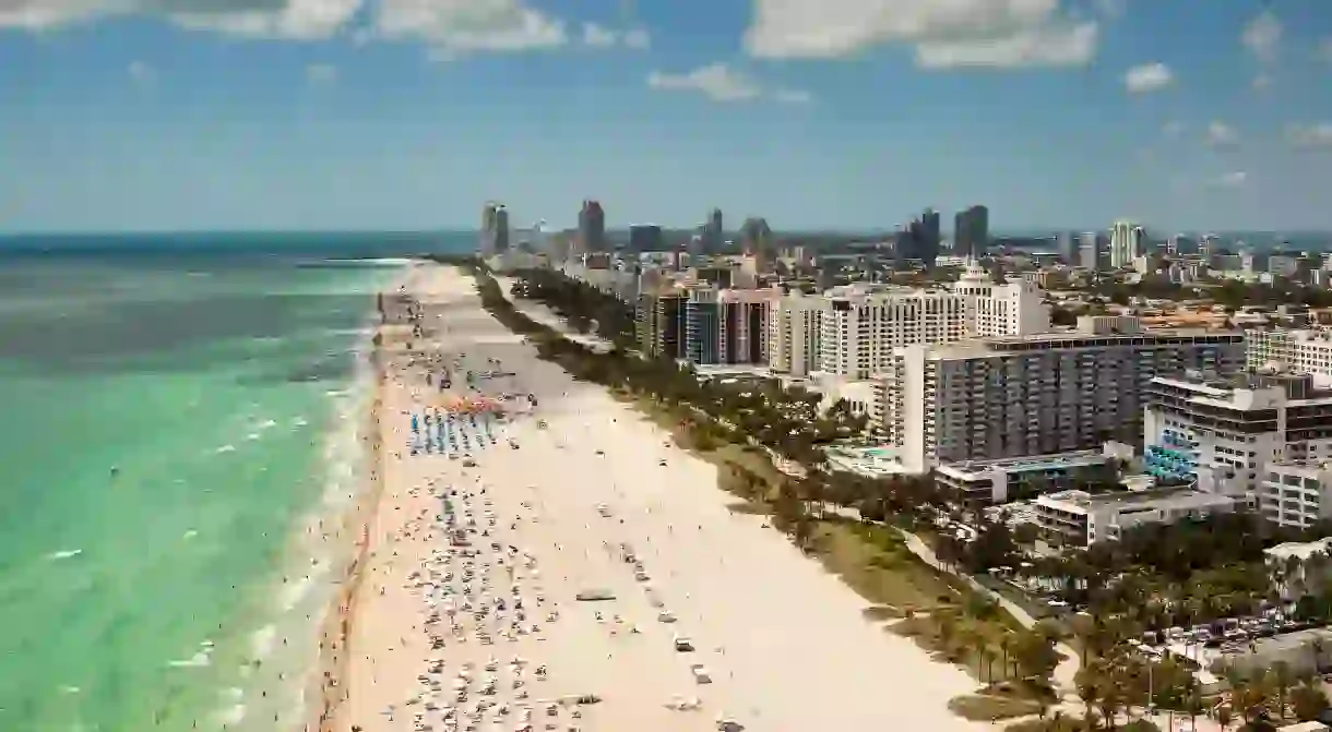 South Beach, Miami, Florida cityscape and beach, from the air