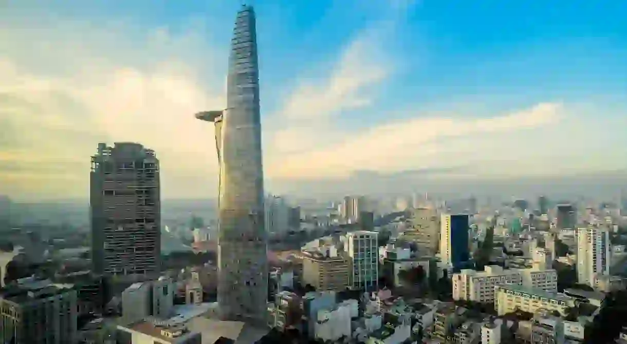 Saigon One (seen here behind The Bitexco Tower) in Ho Chi Minh City, Vietnam, has been standing incomplete since construction began in the mid-2000s