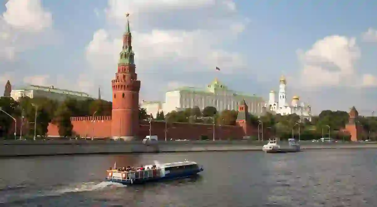 The Kremlin stands on the banks of the Moskva River