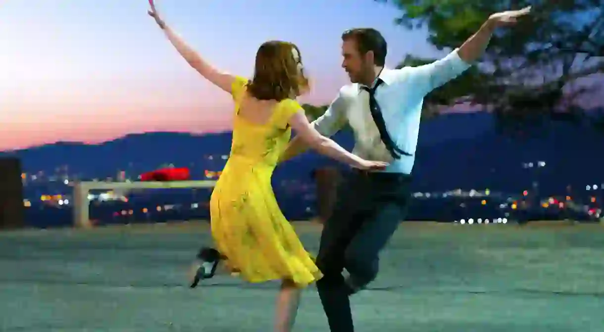 Emma Stone and Ryan Gosling dance at Cathy’s Corner in a famous scene from ‘La La Land’ (2016)